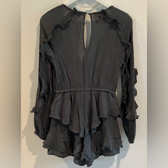 Gray Blue Long Sleeve Ruffle Romper Tie Waist Boho XS - Picture 3 of 3